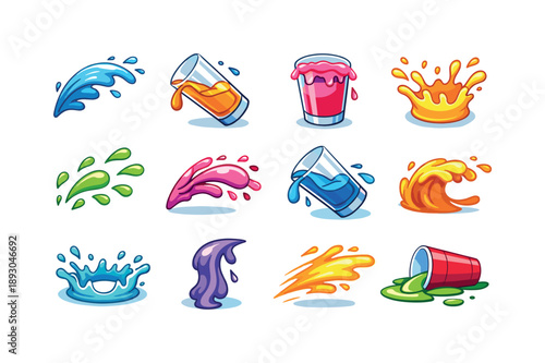 Colorful Drink Spill Icons. Drink spill motion. Colorful isometric vector icons set of Drink spill motion: liquid splash arc, glass tipping motion, drink