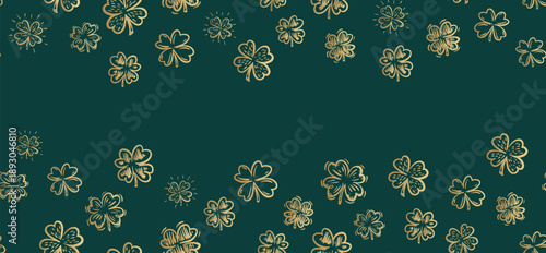 Saint Patricks Day, Gold Clover pattern on green, hand drawn illustrations.	
