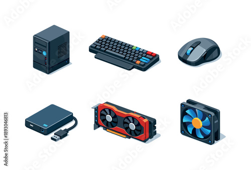 Isometric Hardware Icons. Computer hardware. Isometric flat vector icons set of computer hardware: system unit tower, mechanical keyboard, optical mouse,