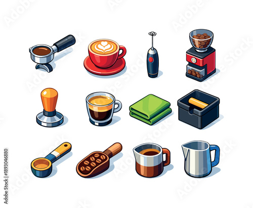 Barista Icon Grid. Barista life. Colorful isometric vector icons set of barista life: portafilter, latte cup, milk frother, bean grinder, tamp tool, crema