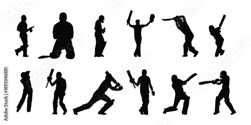 Dynamic Cricket Player Batting Poses Silhouettes