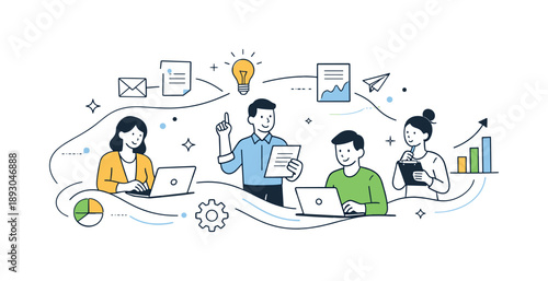 Corporate Workflow Illustration. Corporate concepts illustration. Minimal scene with people, laptops, and documents flowing through abstract workflow lines,