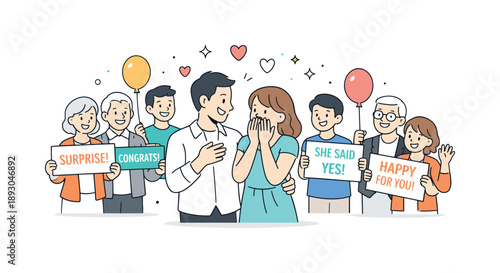 Engagement Celebration. Surprise engagement party. Friends and family holding small signs and balloons as the couple reacts with joy. Friendly, warm, and