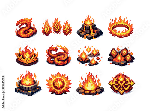 Mythic Fire Serpents Icons. Mythic fire serpents. Colorful isometric vector icons set of Mythic fire serpents: ancient flame snake, runic fire marks, volcanic