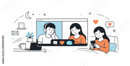 Connected Across Distances. Long-distance relationship communication. Two people in separate spaces connected by a single chat window or call screen in the