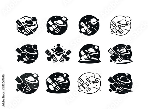 Alien Planet Logos. Alien planet detection. Icon set. Set Logo of Alien planet detection: satellite observing distant planet. harmonious logo variations of the