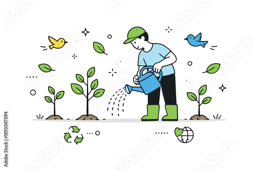 Nature's Gentle Care. Nature conservation scene. A character watering young trees with birds and leaves gently floating around. Growth, care, and long-term