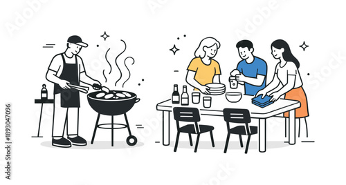 Grilling with Friends. Preparing the grill. A person tending a BBQ grill with smoke rising, while friends set the table with plates, drinks, and napkins. Calm,