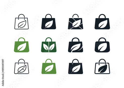 Ethical Consumerism Icons. Ethical consumerism guides. Icon set. Set Logo of ethical consumerism guides: shopping bag with leaf symbol. harmonious logo