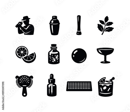 Craft Mixology Icons. Craft Mixology. Solid icon set of Craft Mixology: mixologist silhouette, cocktail shaker, muddler, fresh herbs, sliced fruit, infused