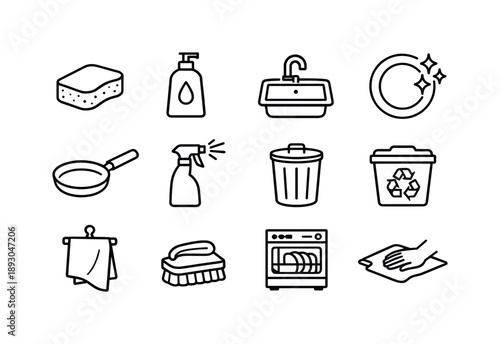 Kitchen Cleaning Icons. Kitchen Cleaning. Line icon set of Kitchen Cleaning: dish sponge, dish soap, sink, plate, frying pan, oven cleaner, trash