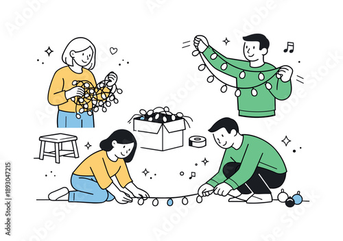 Joyful Holiday Preparation. Christmas lights setup. A couple or family standing together, untangling and placing string lights. Calm preparation and joyful