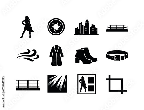 City Fashion Icons. City Fashion Editorial. Solid icon set of City Fashion Editorial: editorial model pose, camera lens, urban skyline, rooftop location, wind