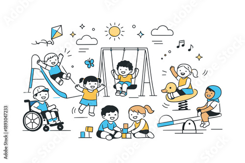 Joyful Inclusive Playground. Inclusive playground happiness. Children laughing and playing freely across the playground. Sense of belonging, joy and shared