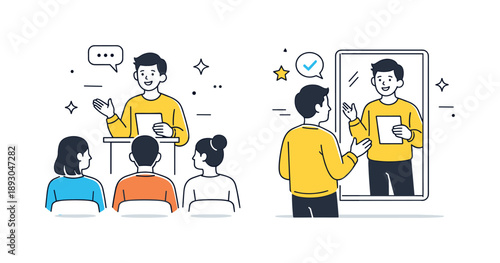 Confident Speech Practice. Public speaking training. Person practicing speech in front of a small group or mirror. Calm preparation and growing confidence.