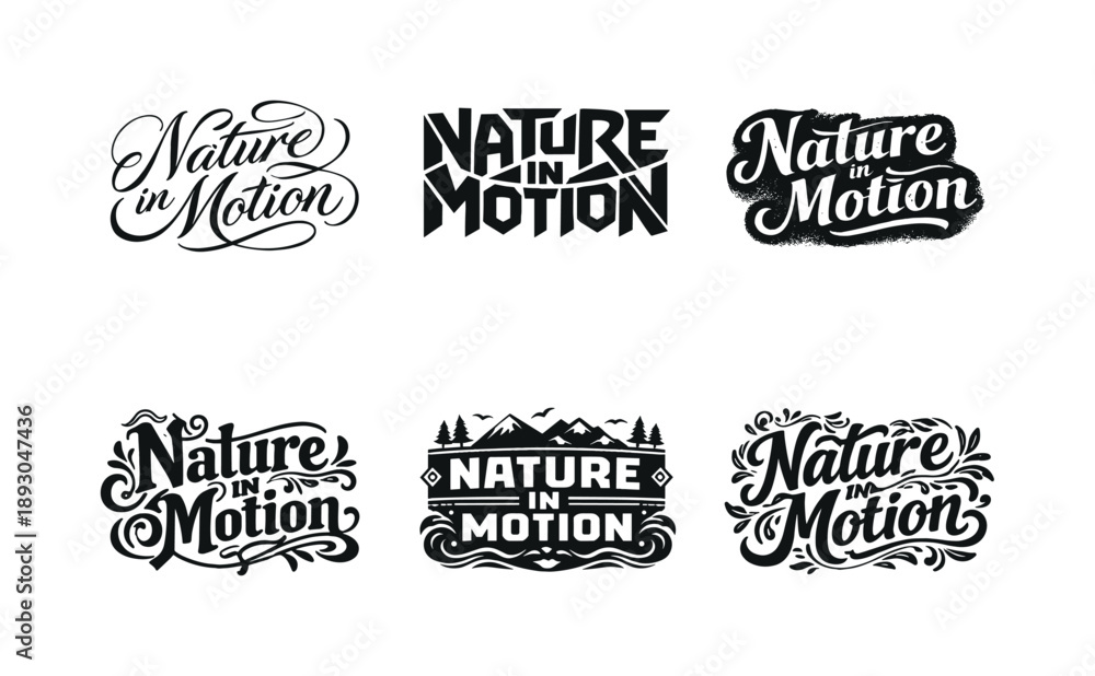 Obraz premium Nature Lettering Variations. Nature in motion. Set lettering. harmonious lettering variations of the same emblematic concept, each with different artistic
