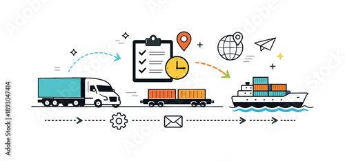 Efficient Freight Coordination. Freight logistics planning. Simplified trucks, railcars, and ships are arranged with arrows and icons, suggesting route