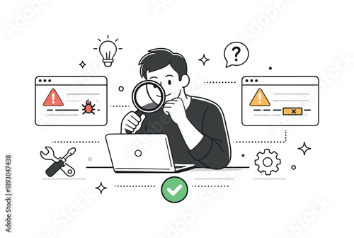 Thoughtful Debugging Process. Debugging process. Engineer fixing errors highlighted in code blocks, thoughtful analysis and attention to detail. Friendly tech