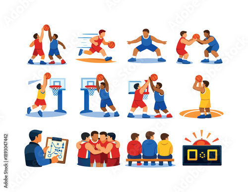 Basketball Icon Set. Basketball game. Colorful flat vector icons set of basketball game: tip off, fast break, defense stance, pass assist, three point shot,