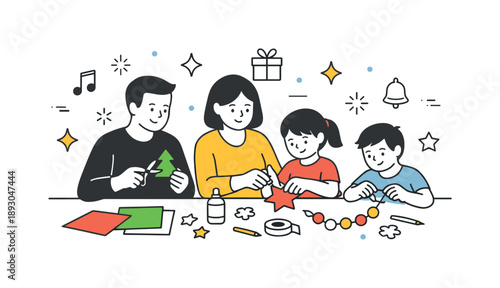 Family Crafting Joy. Family making holiday crafts. Parents and children sitting around a table creating simple holiday decorations with paper and scissors,