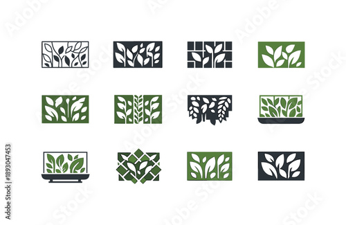 Vertical Garden Logos. Vertical gardens indoor. Icon set. Set Logo of vertical gardens indoor: living green wall. harmonious logo variations of the same