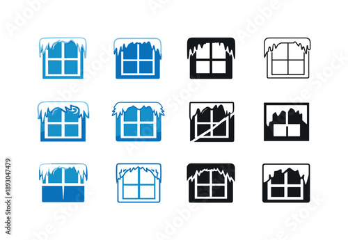 Frosty Logo Collection. Frosty Window. Icon set. Set Logo of Frosty Window: condensed cold window edge. harmonious logo variations of the same emblematic