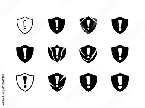 Crisis Management Shields. Crisis management. Icon set. Set Logo of crisis management: shield with alert symbol. harmonious logo variations of the same