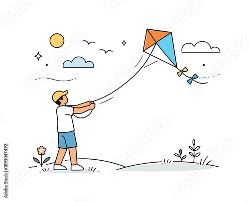 Kite Flying Serenity. Summer outdoor fun. A person flying a kite in an open field, arms stretched and wind gently pulling. Calm joyful motion, quiet connection