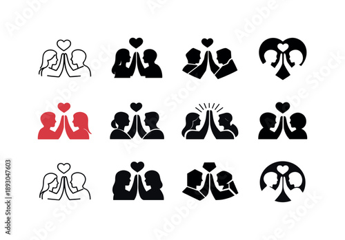 Romantic Icon Set. Positive reinforcement in romantic relationships. Icon set. Set Logo of Positive reinforcement in romantic relationships: couple high-five.