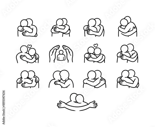 Emotional Support Icons. Emotional Support. Line icon set of Emotional Support: comforting hug, supportive embrace, reassuring hug, calming hug, protection