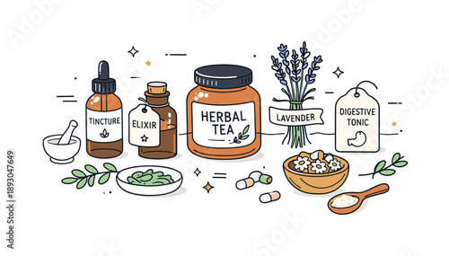Herbal Apothecary Scene. Herbal apothecary scene. A calm tabletop view with amber bottles, dried plants, and simple tags or labels, expressing traditional