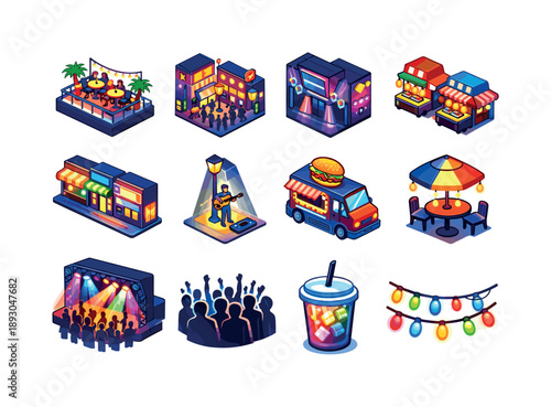 Vibrant Nightlife Icons. City nightlife. Colorful isometric vector icons set of city nightlife: rooftop bar lights, crowded lit street, club neon glow, night