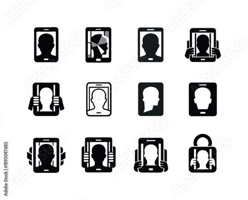Social Media Icon Set. Social media addiction. Icon set. Set Logo of social media addiction: human head trapped inside phone screen. harmonious logo variations