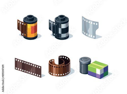 Photography Film Icons. Photography film. Isometric flat vector icons set of photography film: color negative film roll, black and white film roll, transparent