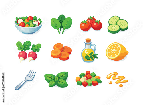 Fresh Salad Icons. Fresh Salad. Colorful flat vector icons set of Fresh Salad: fresh salad bowl, spinach leaves, cherry tomatoes, cucumber, radish, carrot