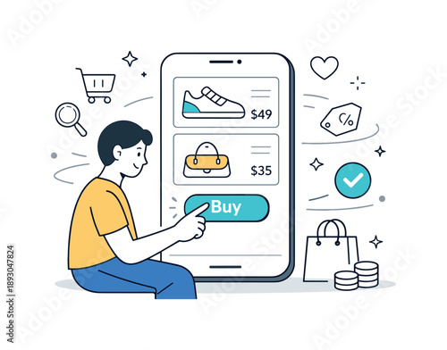 Seamless Mobile Shopping. Mobile commerce. A person shopping on a smartphone, browsing product cards and tapping a buy button. Smooth and friendly online