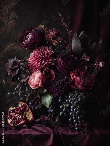Dark rococo art poster, modern rococo still life, fruits flowers pearls mirror, deep burgundy and black tones