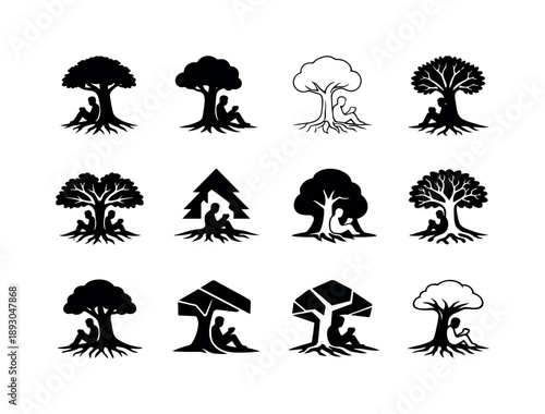 Reading Icon Variations. Reading under a tree. Icon set. Set Logo of Reading under a tree: silhouette of reader resting on tree roots. harmonious