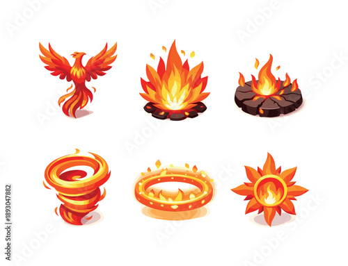 Flames of Rebirth Icons. Flames of Rebirth. Isometric flat vector icons set of Flames of Rebirth: phoenix rising upward, rebirth flame burst, cracked ash base,