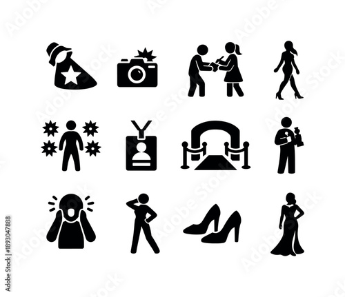 Celebrity Icon Set. Celebrity Moment. Solid icon set of Celebrity Moment: star spotlight, photo click icon, fan autograph, graceful walk, fashion flash, press