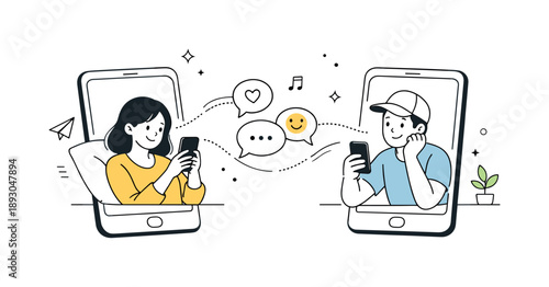 Virtual Friendship Connection. Virtual friendship illustration. Friends connected via smartphones, relaxed messaging and easy interaction. Feeling present and