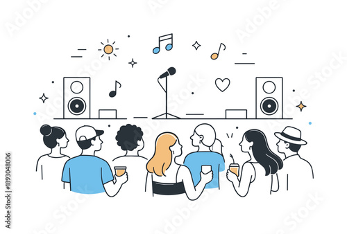 Festival Vibes. Music festival crowd. A diverse crowd listening attentively, some holding drinks, others swaying calmly. Relaxed open-air concert mood with