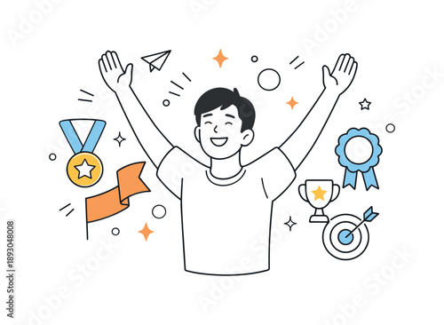 Celebratory Success Illustration. Celebrating milestones. Person raising arms or smiling with floating abstract shapes, medals, or ribbons around, representing