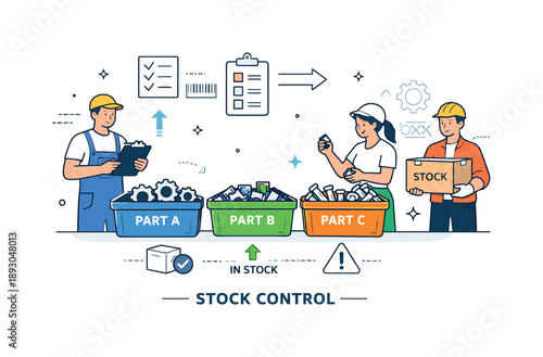 Efficient Inventory Organization. Manufacturing stock control system. Workers organizing components in labeled containers, ensuring smooth production flow.