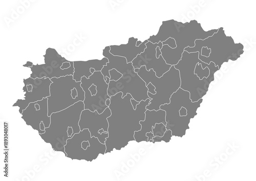 Hungary Map Vector with States and Provinces High Detailed Grey Silhouette on Transparent Background Isolated Administrative Divisions Geography Illustration for Business Infographics and Clip Art
