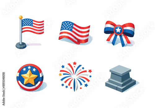 Patriotic Icons Grid. Patriotism. Isometric flat vector icons set of Patriotism: national flag on pole, waving flag fabric, patriotic ribbon bow, star emblem