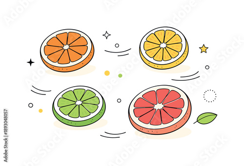 Floating Citrus Slices. Organic citrus slices. Dried fruit slices floating gently in an airy layout. Lightness, warmth, and natural food illustration mood.