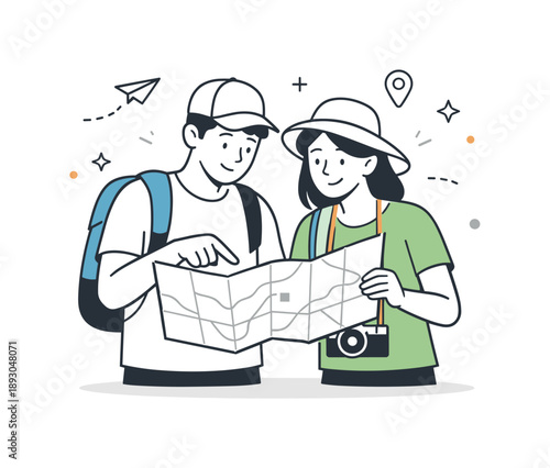 Tourists with Map. Tourists with map. Two travelers standing together and looking at a paper map, discussing directions. Calm exploration mood, curiosity, and