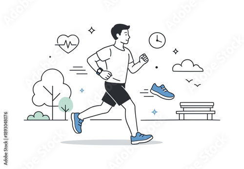 Mindful Jogging. Jogging in the park fitness. Person running with a smartwatch or fitness tracker visible, calm and focused posture. Mindful exercise and