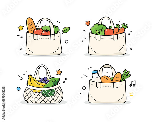 Eco-Friendly Grocery Bags. Reusable shopping bags flat lay. Cloth grocery bags with visible handles placed evenly, containing fruits and vegetables, expressing